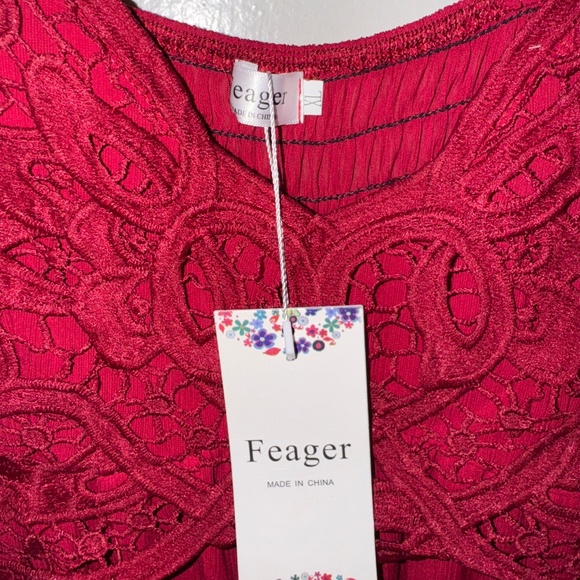 Ruby Red Mini Dress with Floral Lace Top, Criss-Cross Back, Tiered Hem (Size XL) - Picture 4 of 5